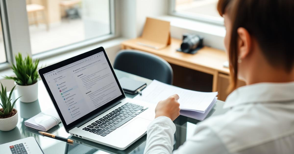 Professional translator reviewing Italian documents at a desk with laptop