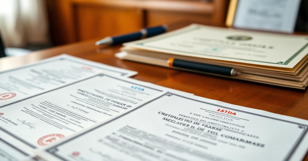 Italian official documents including birth certificates and registry extracts on a desk